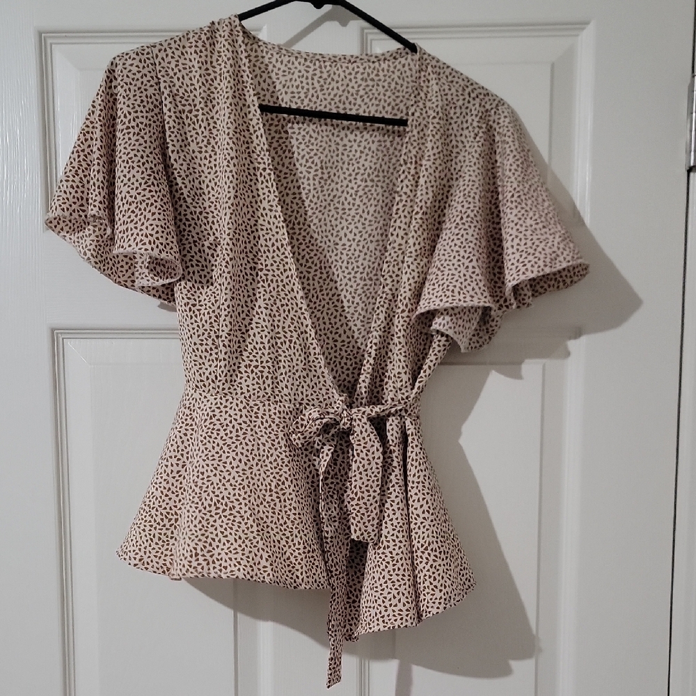 SHEIN Tan Flutter Sleeve Wrap Blouse